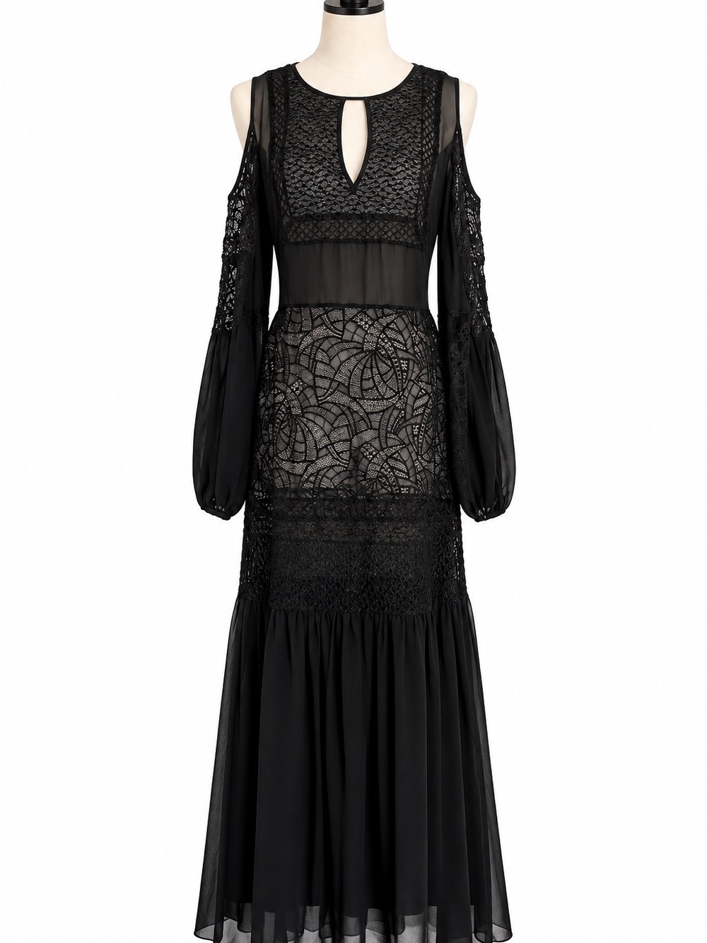 BCBGMaxAzria Black Lace & Chiffon Cold-Shoulder Maxi Dress